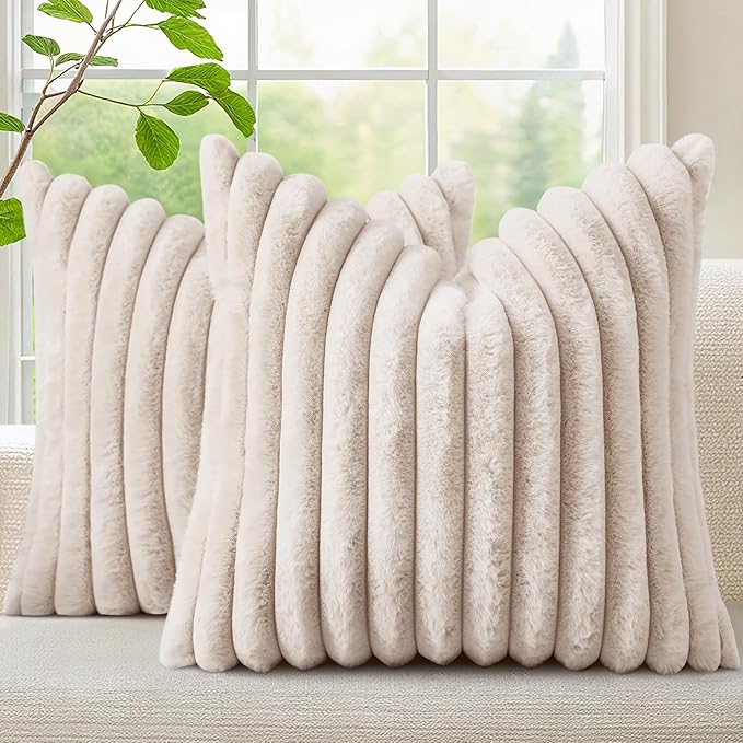 decorUhome Faux Fur Spring Throw Pillow Covers 16x16 Set of 2, Decorative Soft Plush Striped Neutral Couch Euro Pillow Covers with Velvet Back for Sofa, Bed, Living Room Home Decor, Beige