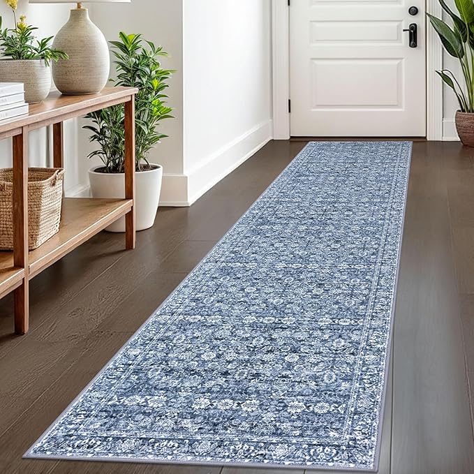 2x8 Runner Washable Rug for Hallways, Blue Soft Classic Kitchen Rugs with Non-Slip, Non-Shedding Distressed Floral Rug for Hallways Entryway Bedroom Bathroom Laundry Indoor