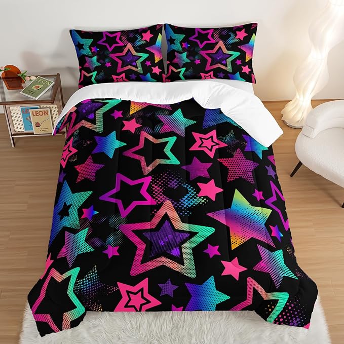Kawaii Color Star Comforter Set Kids Bedroom Set,Neon Light Star Bedding King Size Comforter Sets for Boys Girls Room Decor,Aesthetic Bedding Sets with 2 Pillowcases.