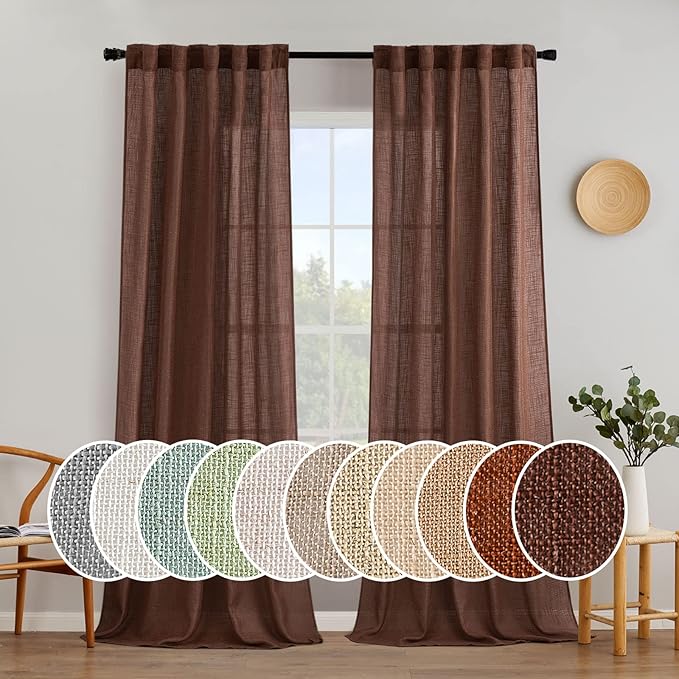 MIULEE Chocolate Brown Linen Curtains 96 Inch Long for Bedroom Living Room, Soft Thick Linen Textured Window Drapes Semi Sheer Light Filtering Back Tab Rod Pocket Burlap Look Decor, 2 Panels