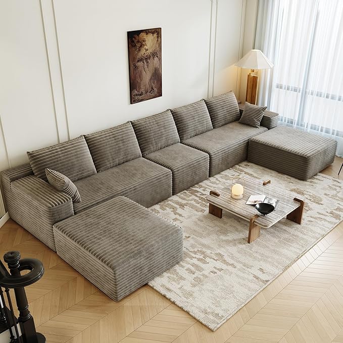 168.5" Modular Sectional Sofa, Oversized U-Shaped Minimalist Couches with 1 Middle Seat and 2 Ottomans Chaise, Modern Deep Seat Convertible Sleeper Sofa, Cloud Plush Corduroy Fabric,7 Seater, Camel