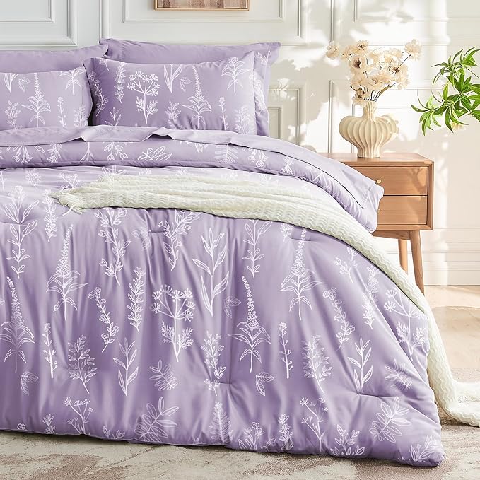 MUXHOMO Lavender Twin Comforter Set, Elegant Floral Print Bed in a Bag 5 Pieces, Ultra Soft & Breathable Reversible Botanical Pattern Bedding Set with Comforter, Sheets, Pillowcase, and Sham