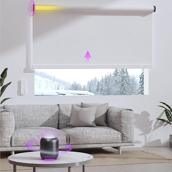 Astomi Motorized Roller Shades for Windows, Blackout Smart Blinds for Indoor, Effortless Remote & Voice Control, Compatible with Alexa, Google Home, Custom Size，Fabric-Pure White
