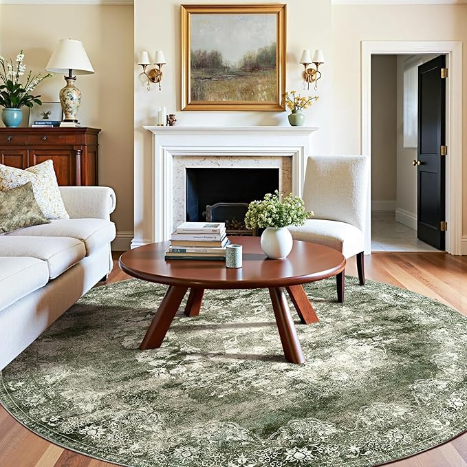 jinchan Round Rug 8ft Area Rug - Green Vintage Floor Mat Kitchen Indoor - Washable Circle 8' Thin Floral Print Christmas Carpet Retro Farmhouse Non Slip Dining Room Living Room Bedroom Office