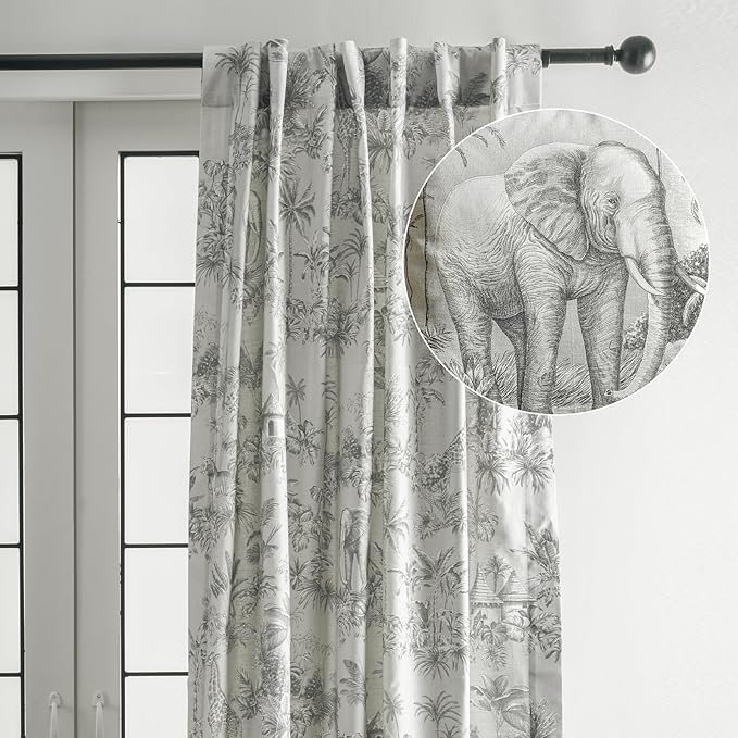 Maison d' Hermine Curtains for Living Room 100% Cotton 96 inch Length One Panel Light Filtering Toile Curtains for Bedroom Windows with Rod and Loop Pockets Drapes (Savana Jouy Green, 50" W x 96" L)