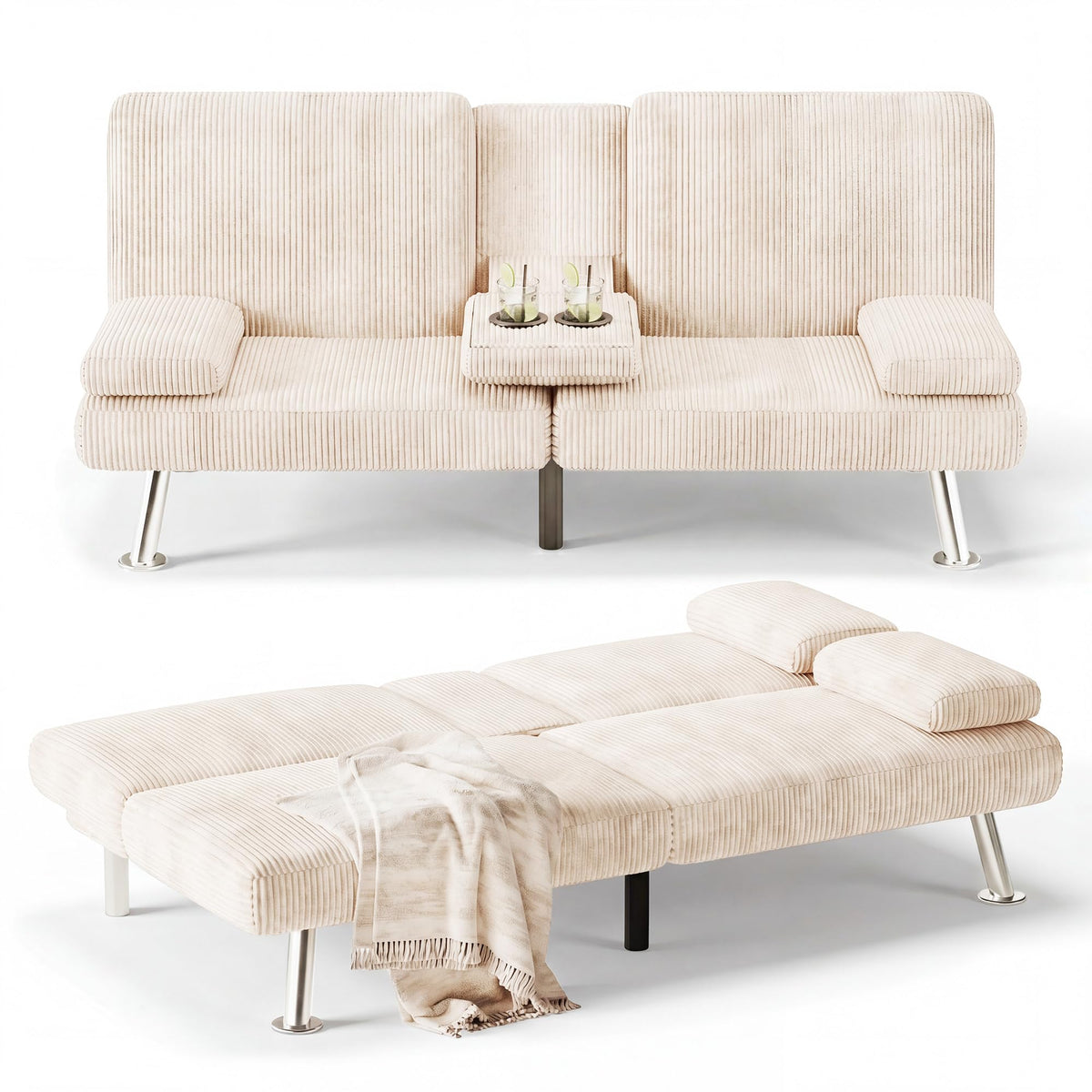 Flamaker Futon Sofa Bed, Modern Corduroy Convertible Folding Futon Set