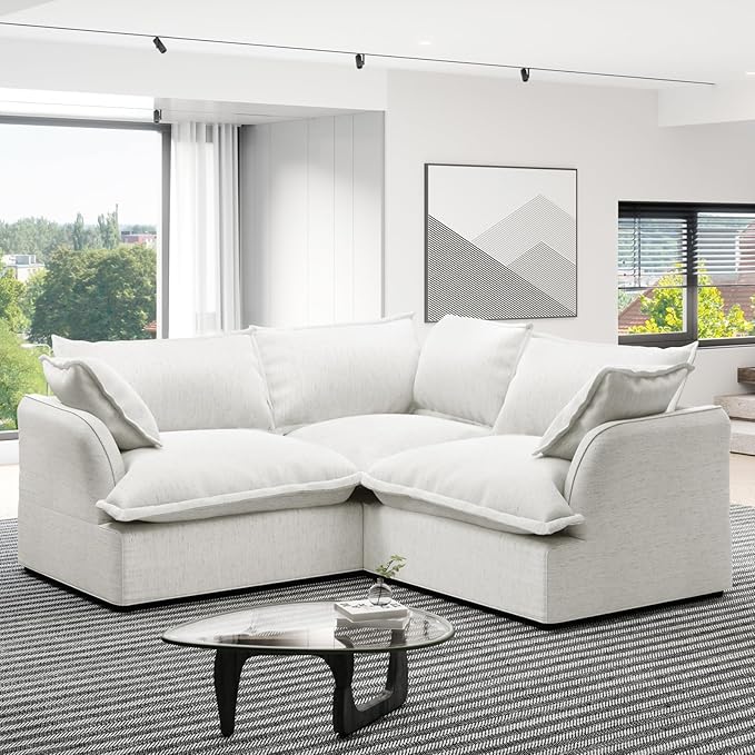 Cloud Modular Sectional Sofa,V Shape Linen Convertible Couches,Down Fill Sectional Sofas,Detachable Couch Cushion Covers,3 Seater Corner Couch for Living Room,Cream White