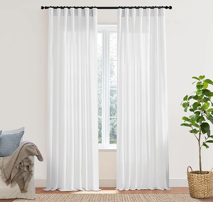 XTMYI 105 Inch White Cotton Linen Curtains 2 Panels Set Custom Length Back Tab Window Sheer Curtain Drapes for Living Room Bedroom,50x105 in Long