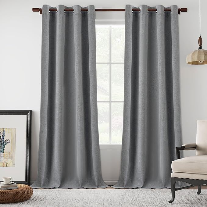 Full Blackout Linen Curtain Panels 126 Inch Length, Gray Hallway Door Textured Boho Tall Curtains Grommet Top Full Shade Noise Reducing Drapes for Villa Bedroom, Grey, W52 x L126, 2 Panels