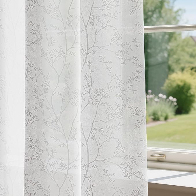 Anmao White Semi Sheer Light Filtering Short Curtains 45 Inches Long 2 Panels, Branch Pattern Drapes for Living Room Bedroom, Rod Pocket Sheer Window Treatments with Floral Design, 52x45 Inch