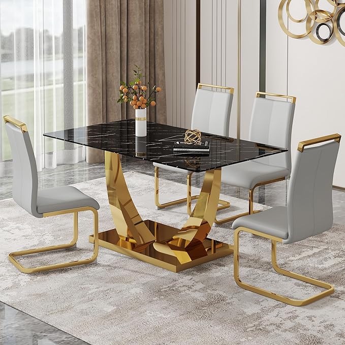 63” Dining Room Table Set for 4,Modern Gold Dining Table Set for 4 PU Leather Chairs,Black Faux Marble Dinner Table Set with Tempered Glass Top and Golden Base