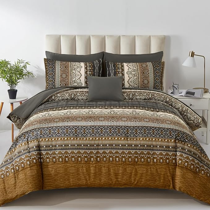 Cottolester Boho Comforter Set California King Size 8 Pieces,Brown Black Bohemian Comforter Paisley Striped Bed in A Bag,Soft Microfiber Bedding Set for All Season
