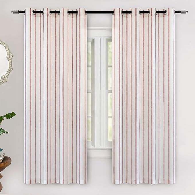 DriftAway Farmhouse Linen Blend Blackout Curtains 63 Inches Long for Bedroom Vertical Striped Printed Linen Curtains Thermal Insulated Lined Treatments for Living Room 2 Panels W52 x L63 Red