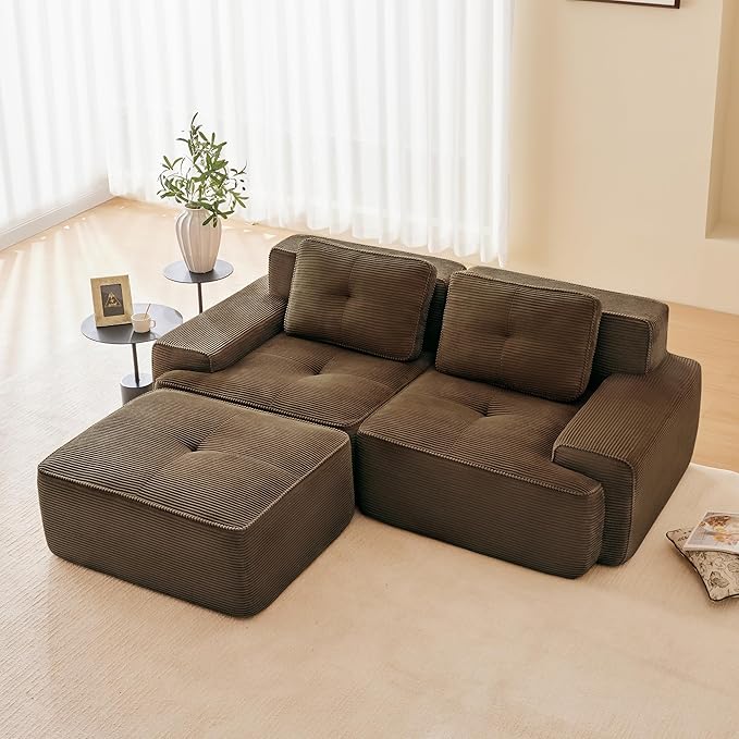 82" Convertible Modular Couches, Deep Seat L Shaped Sofas for Living Room, Modern 2 Seater Love Seat Sofa with 1 Ottoman for Small Space, Comfy Cloud Sectional Sofa Set, Corduroy Fabric Brown
