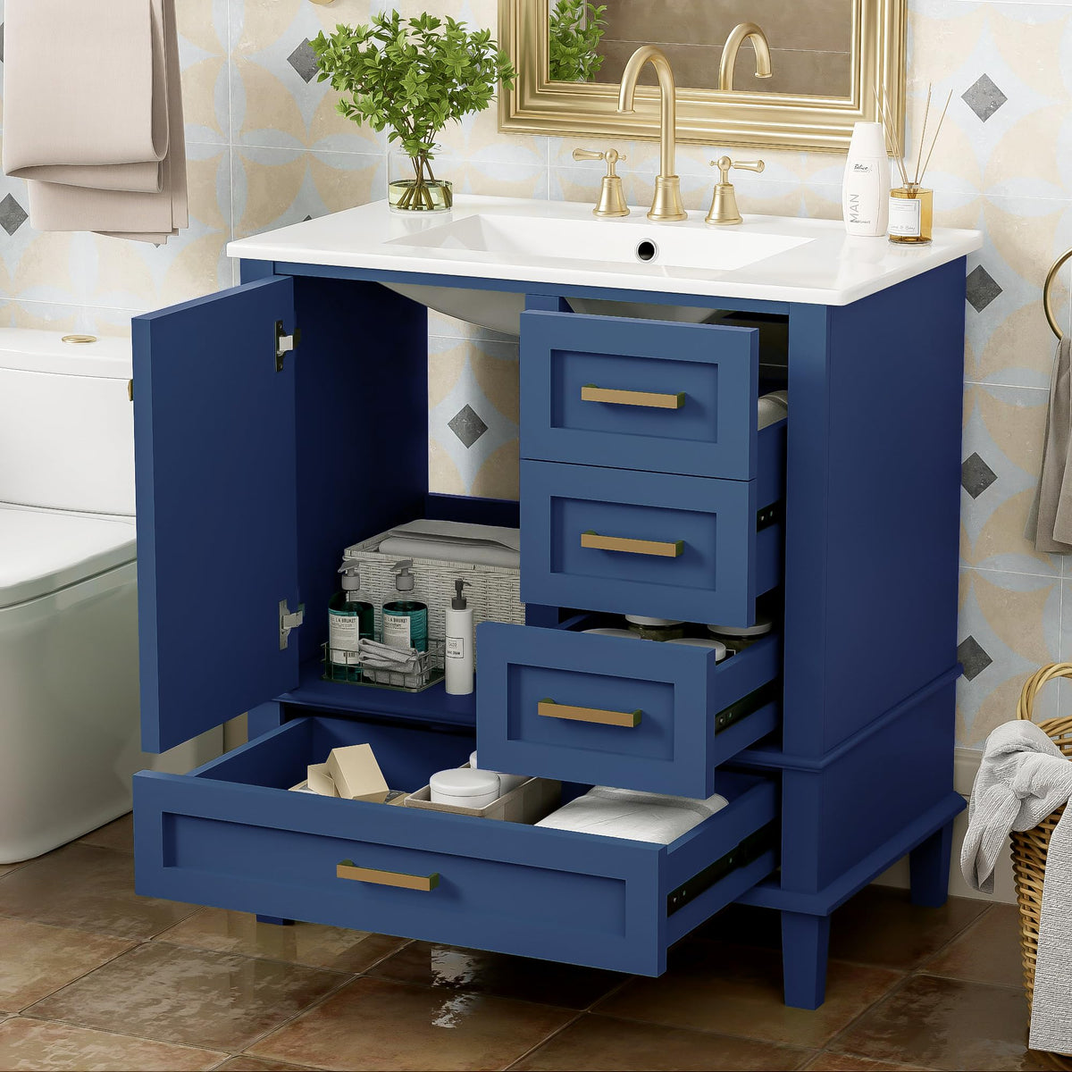 Virubi 30" Bathroom Vanity with Sink Combo Set, Soft Closing Door, Modern Solid Wood and MDF Single Bathroom Cabinet with Storage, 3 Drawers, Freestanding (Blue)