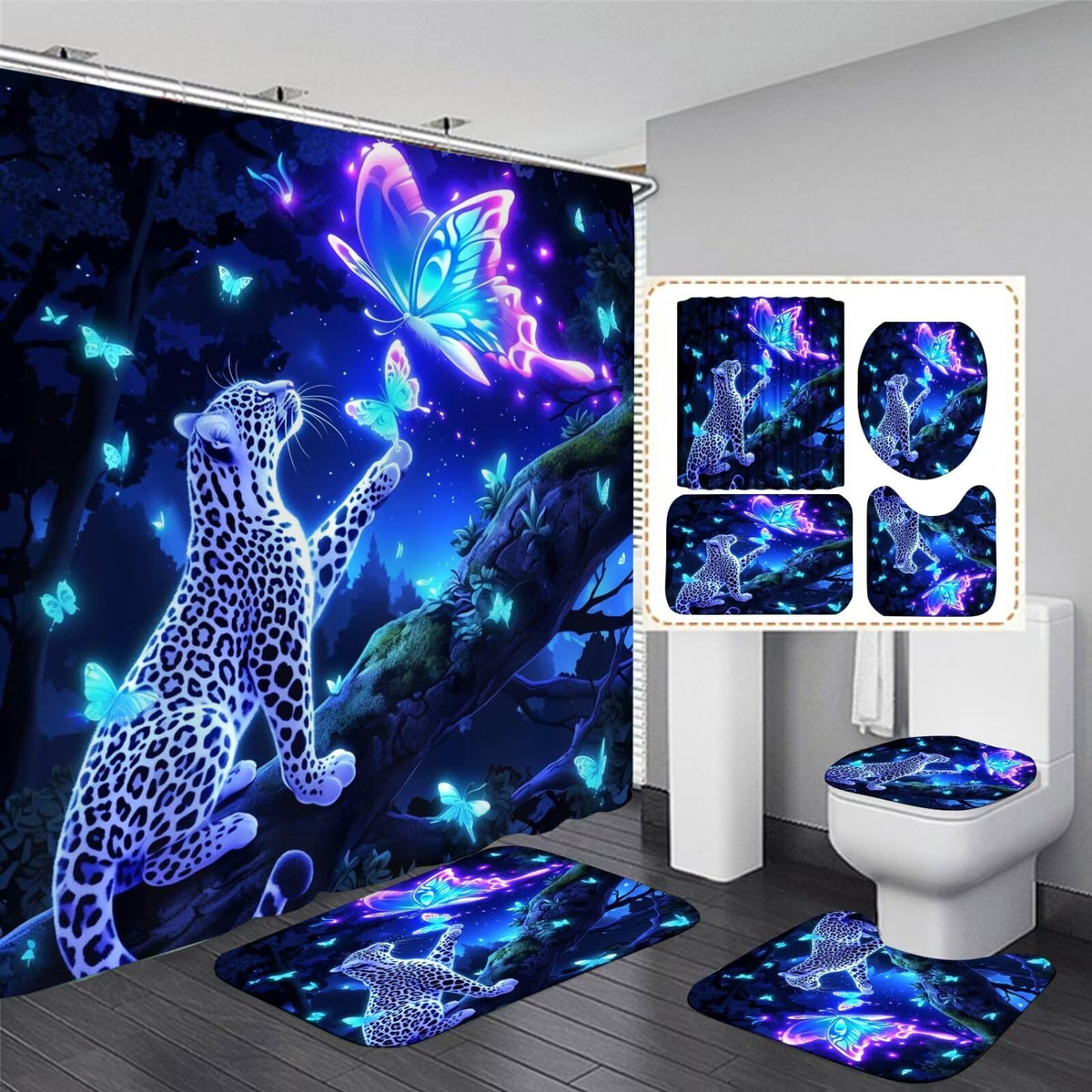 jieprom 4 PCS Leopard and Butterfly Shower Curtain Set with Rugs - Blue Dream Bathroom Decor - Luxury Waterproof Fabric Curtain, Non-Slip Bath Mat, U-Shaped Rug & Toilet Lid Cover