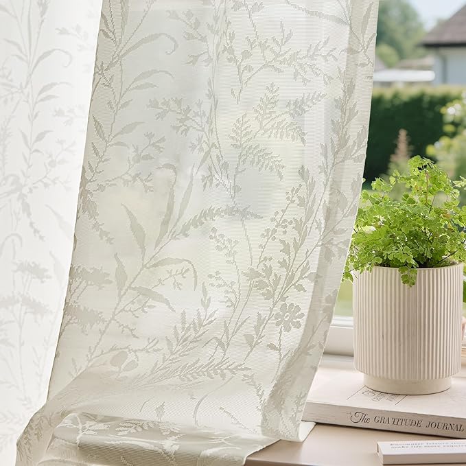 Anmao Beige Semi Sheer Light Filtering Curtains 54 Inches Long 2 Panels, Leaf Pattern Drapes for Living Room Bedroom, Rod Pocket Sheer Window Treatments with Floral Design, 52x54 Inch