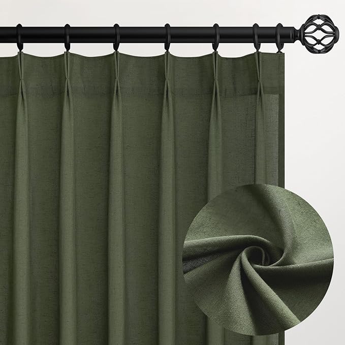 Olive Green Linen Curtains 84 Inches Long for Living Room,Pinch Pleated Drape with Hooks Back Tab Light Filtering Boho Spring Home Decor, Forest/Hunter Green Sheer Curtains 84 Inch Length for Bedroom