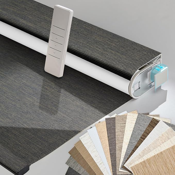 Persilux Smart Motorized Blinds with Remote, No Drill Automatic Roller Shades for Indoor Windows, Blackout Linen Fabric, Electric Blinds for Windows, Weave Blend Coal C162BO-8, Custom Size