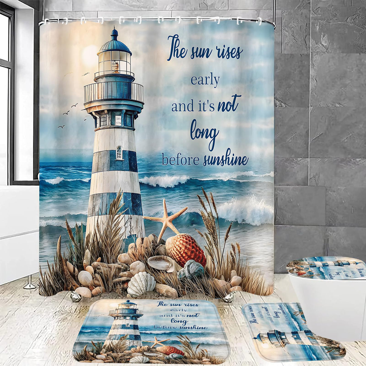 Chrainy 4pcs Lighthouse Sea Shower Curtain Set with Rugs Blue Bath Decor