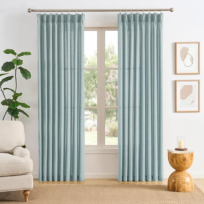 Light Blue Linen Pinch Pleat Curtains 100 Inches Long 50 Wide Per Panel Pleated Semi Sheer Textured Drapes Hooks Back Tab Coastal Modern Light Filtering Curtain 2 Panels Set