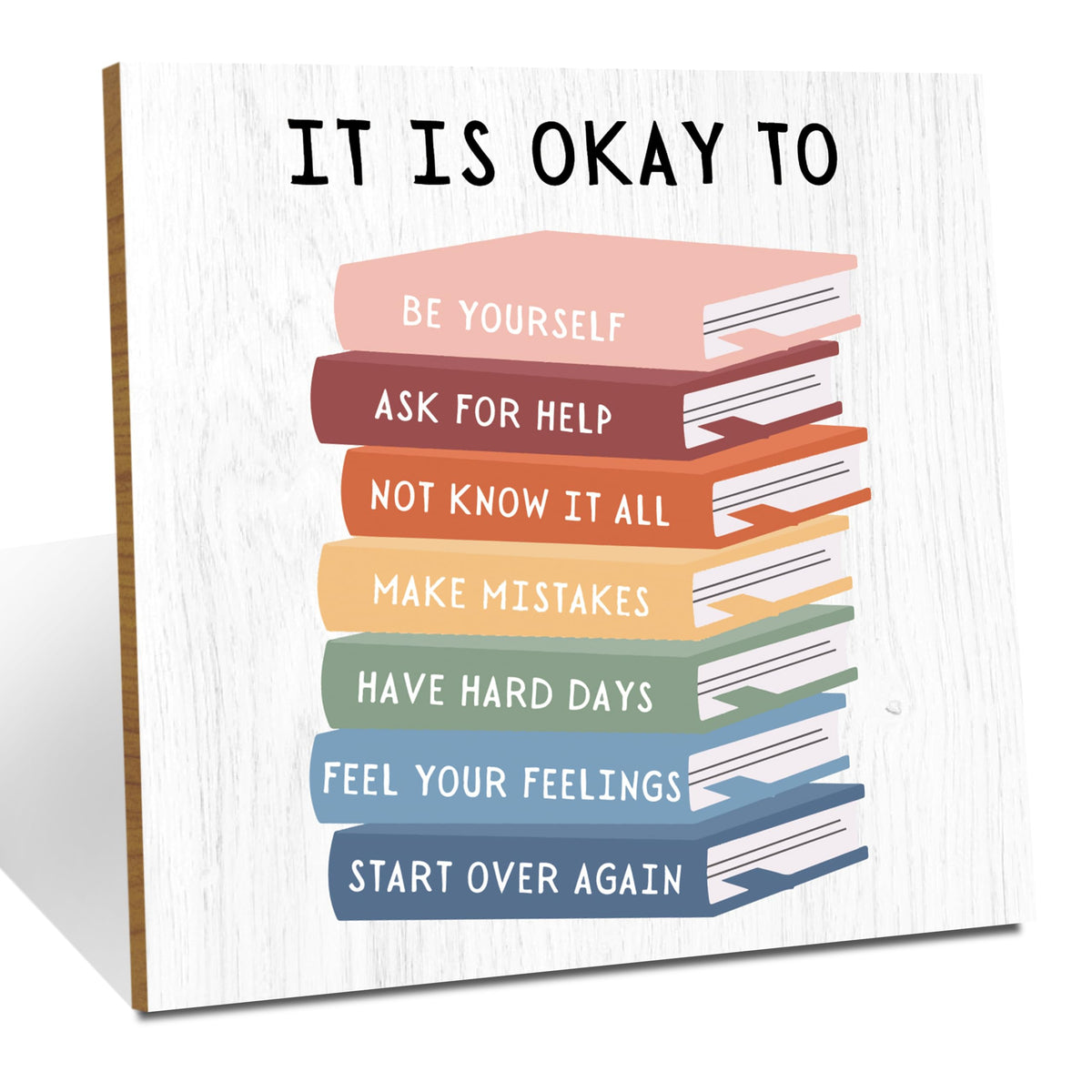 Book Lover Gifts Decorative Book Desk Decor Motivational Okay Affirmations Positive Inspirational Wood Sign for Home Farmhouse Office Nursery Playroom Homeschool Classroom Reading Corner Table Shelf
