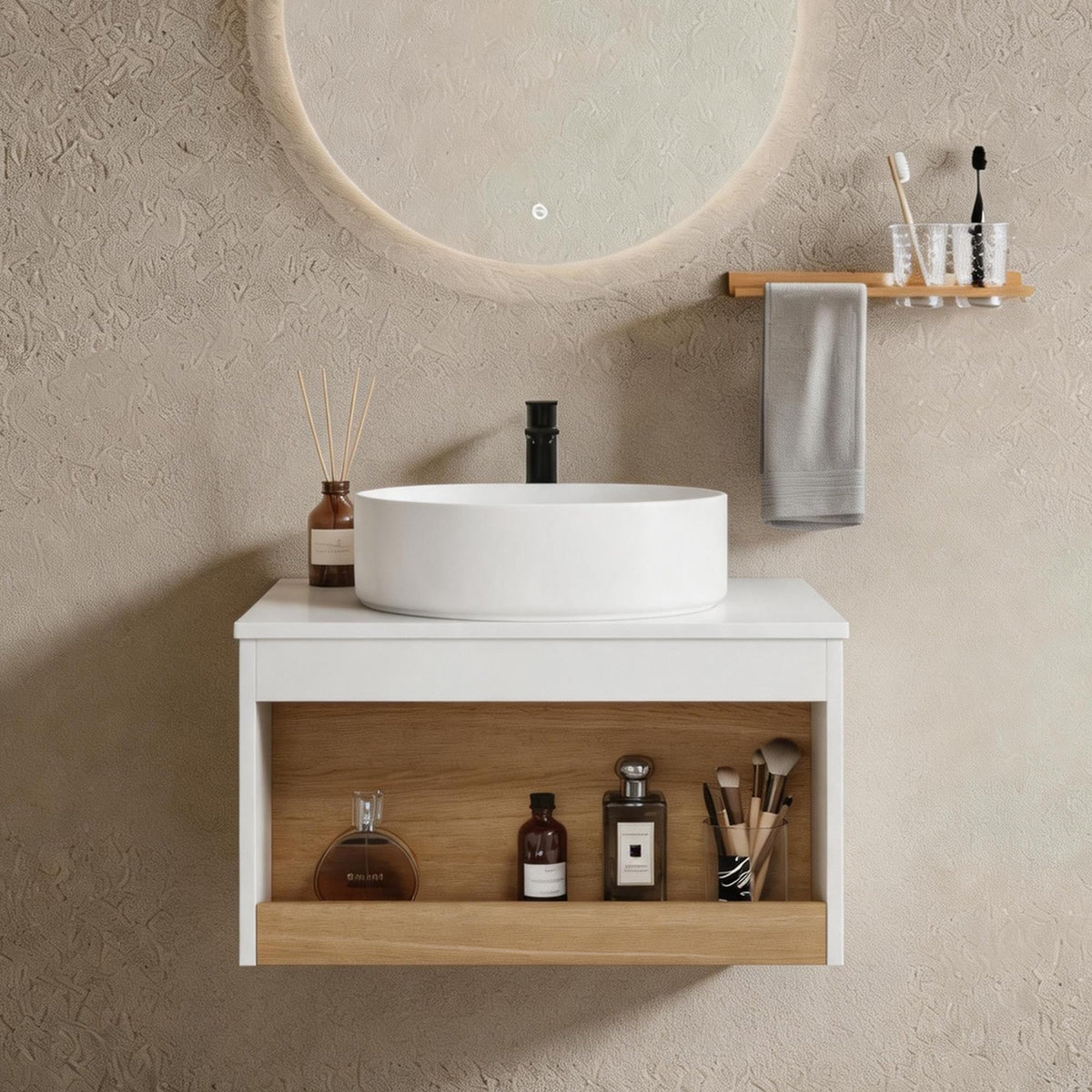 fatani 24" Modern Bathroom Vanity with Sink, Floating Plywood Bathroom Vanities with Ultra-Thin Ceramic Glossy White Round Vessel Basin, Wall-Mounted Vanity with Open Shelf (Wood-1, 24 Inches)
