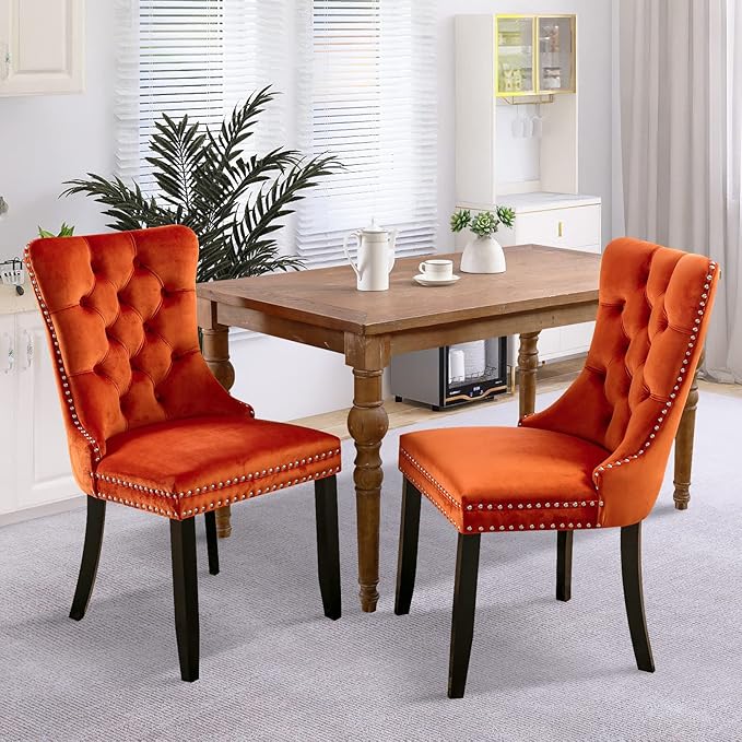 SoarFlash Velvet Dining Chairs Set of 2, Tall Back Side Chair, Modern Upholstered High-end Tufted Side Chair with Button Back Ring, Solid Wood Legs (Orange)