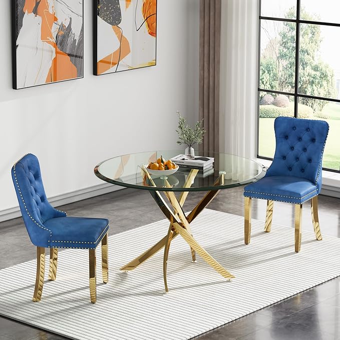 HomVent Round Glass Dining Table Set for 2, Modern Tempered Glass Kitchen Table Set and Chairs, Round Glass Dining Room Table Set for Kitchen (Gold, 36 inch Gold Table with 2 Blue Chairs)