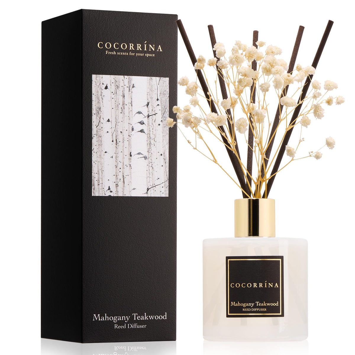 COCORRÍNA Reed Diffuser - Mahogany & Teakwood 6.7 fl oz Scented Diffuser with 8 Sticks Home Fragrance Reed Diffuser for Bathroom Shelf Decor