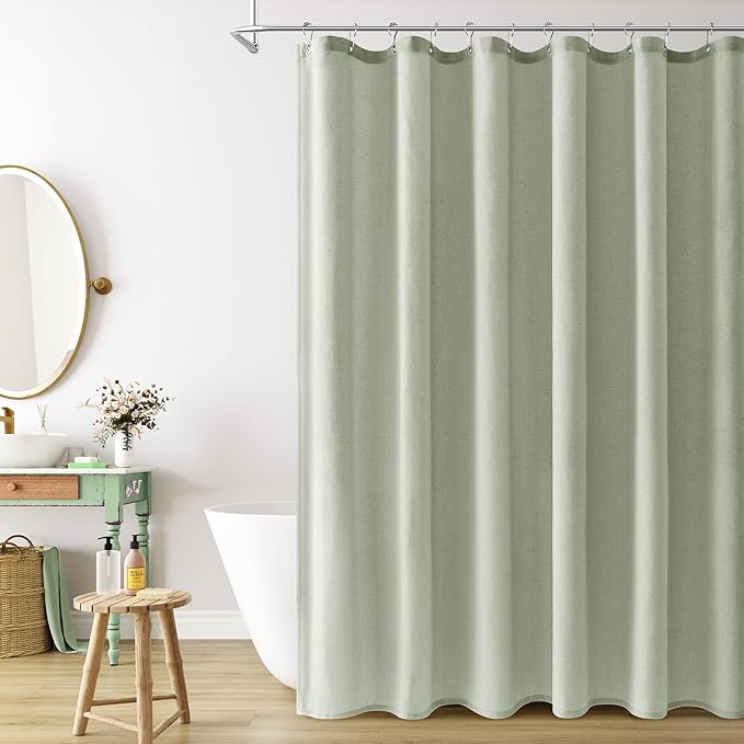 Naturoom Mist Sage Linen Shower Curtain, Country Boho Farmhouse Bath Decor Shower Curtains Neutral Cloth Weighted Textured Fabric Bath Curtain Liner with Hooks, 72x80