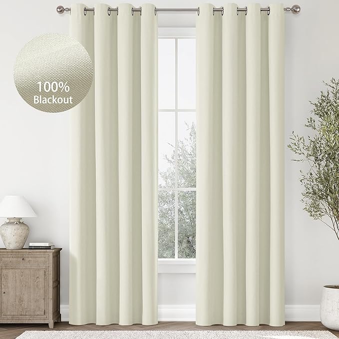 ChrisDowa 100% Blackout Iovry Solid Curtains 120 Inches Long 2 Panels for Bedroom Living Room,Farmhouse Room Darkening Thermal Insulated Soundproof Grommet Top Window Treatment Drapes,52x120