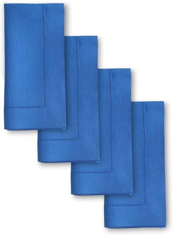 Solino Home Linen Napkins Set of 4 - Classic Hemstitch 100% Pure Linen Royal Blue Dinner Napkins Cloth 20 x 20 Inch - Handcrafted and Machine Washable - Holiday, Winter, Christmas, New Year