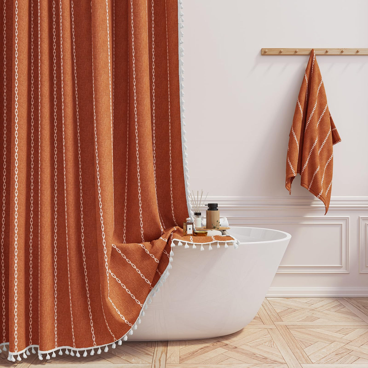 BTTN 54x78 Boho Farmhouse Linen Heavy Duty Shower Curtain Set, Burnt Orange