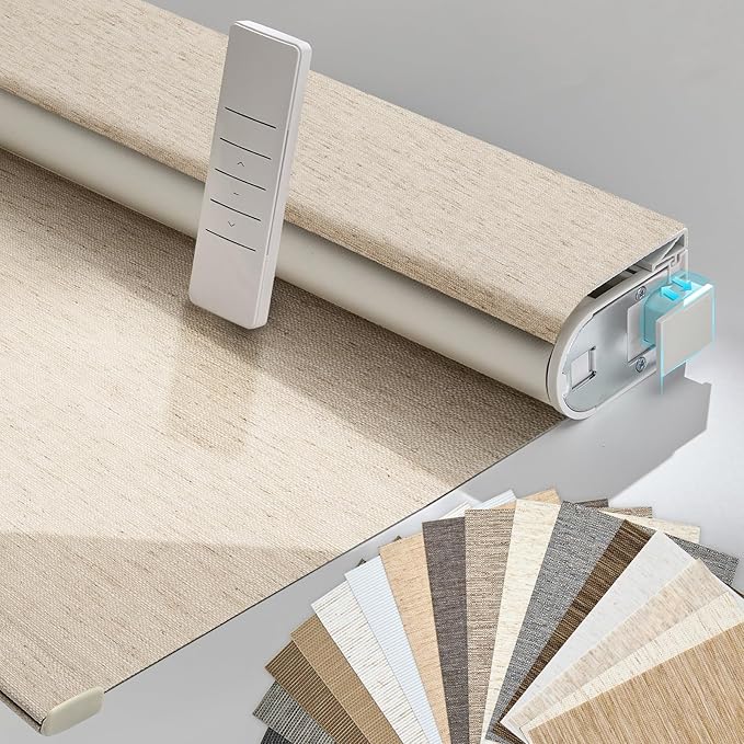 Persilux Smart Motorized Blinds with Remote, No Drill Automatic Roller Shades for Indoor Windows, Blackout Linen Fabric, Electric Blinds for Windows, Linen Beige C156BO-2, Custom Size