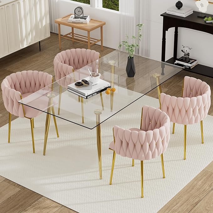 Modern Luxury Golden Dining Table Set, 5 Pcs Clear Glass Top Rectangle Kitchen Table Set, 63'' Minimalist Dinner Room Set for 4, Pink Retro Woven Dining Chair for Home Large Place Apartment