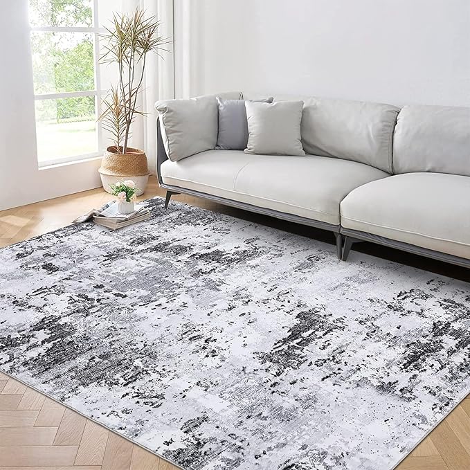 6x9 Modern Abstract Area Rug Non Slip Non Shedding Low Pile Stain Resistant Rug Soft Carpet for Bedroom Living Room, Grey