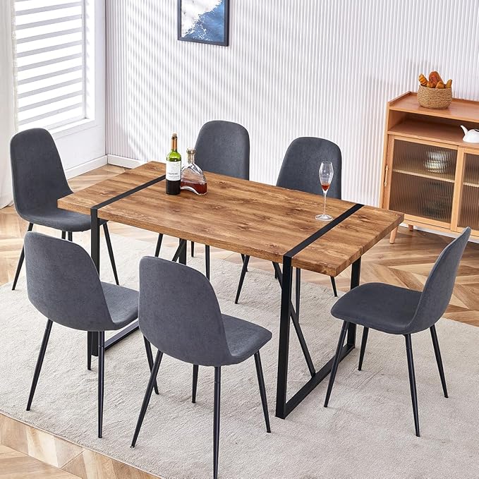 Dining Table Set for 6, Modern 55'' Dark Wood Dining Table and Fabric Dining Chairs Set of 6,Table and Chairs Set of 6,Ideal for Kitchen Dining Room