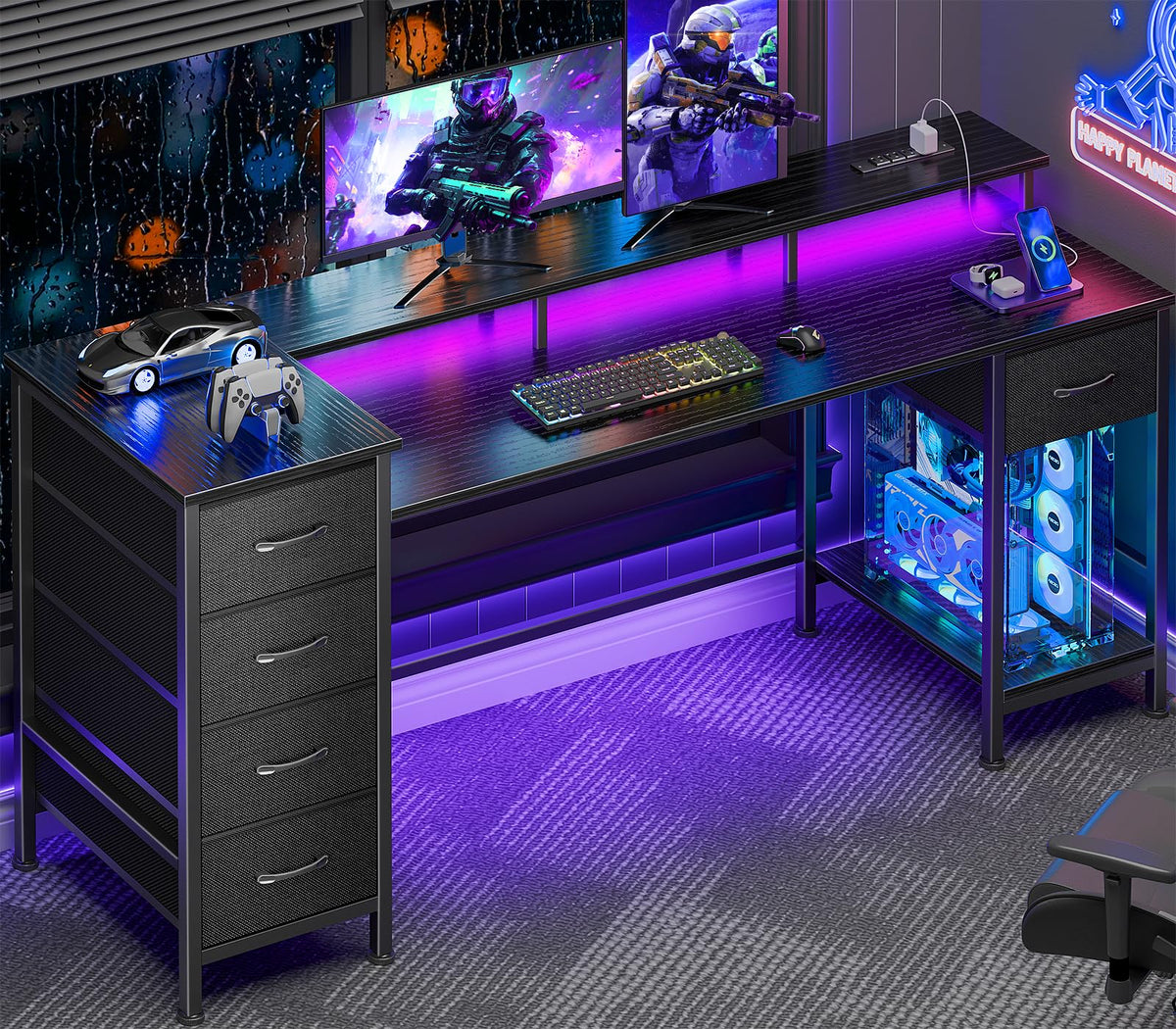 Korfile 61 Inch Gaming Computer Desk with Power Outlets,LED,5 Drawers,Black