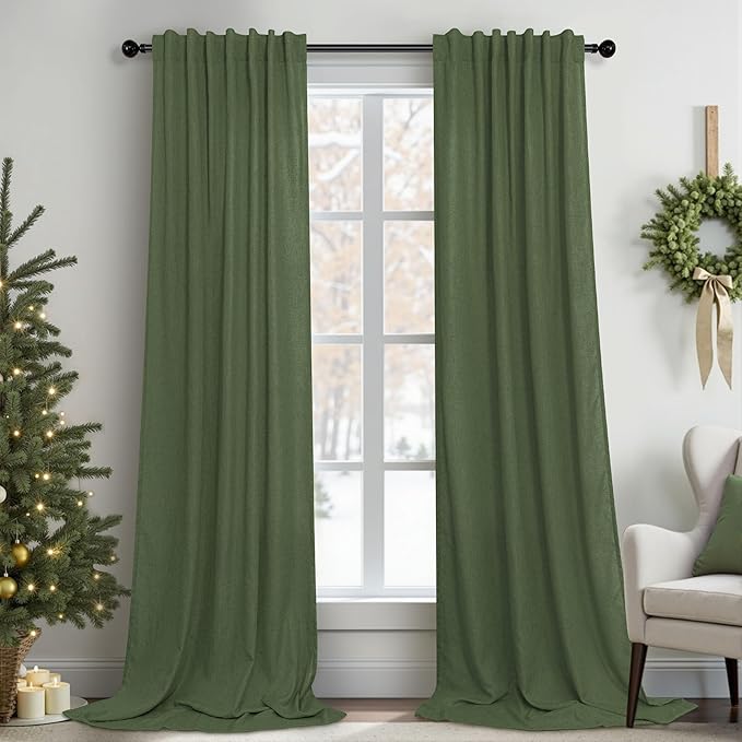 Pitalk Olive Green Curtains 90 Inch Length for Dining Room 2 Panel Set Back Tab Pocket Linen Sheer Boho Farmhouse Decoration Light Green Curtain for Boys Bedroom Baby Teen Toddler Playroom 7.5 FT Long