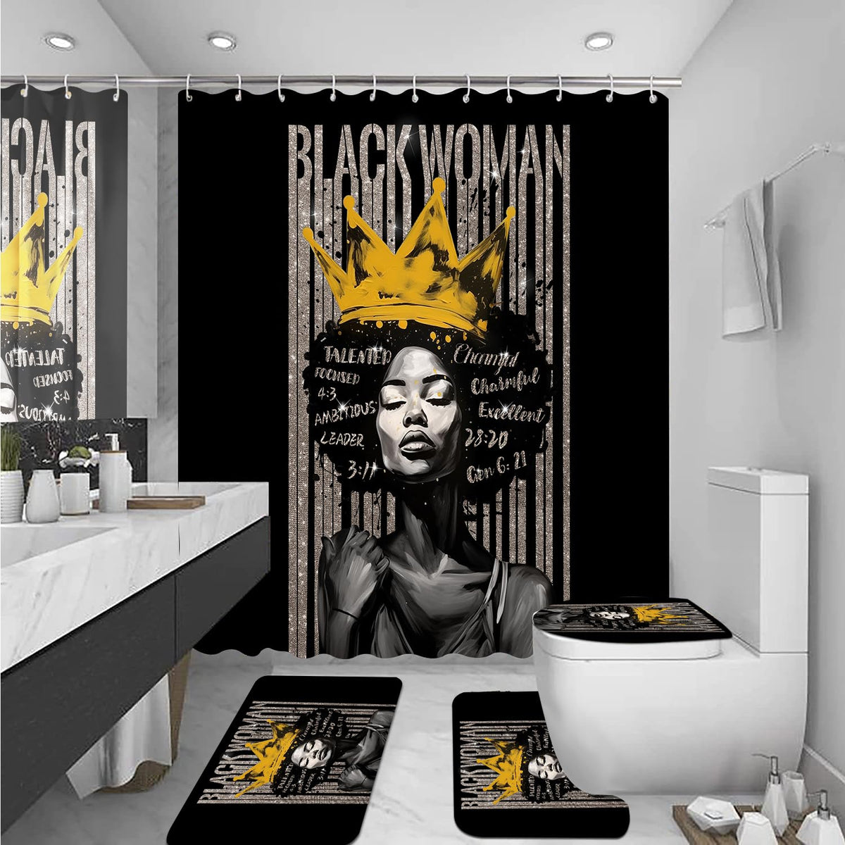 Omebero 4Pcs Praying Black Queen Shower Curtain Set, Inspirational Quote African American Woman Shower Curtains with Rugs Toilet Lid Cover Bath Mat, Waterproof Fathers Day Bathroom Decor Sets