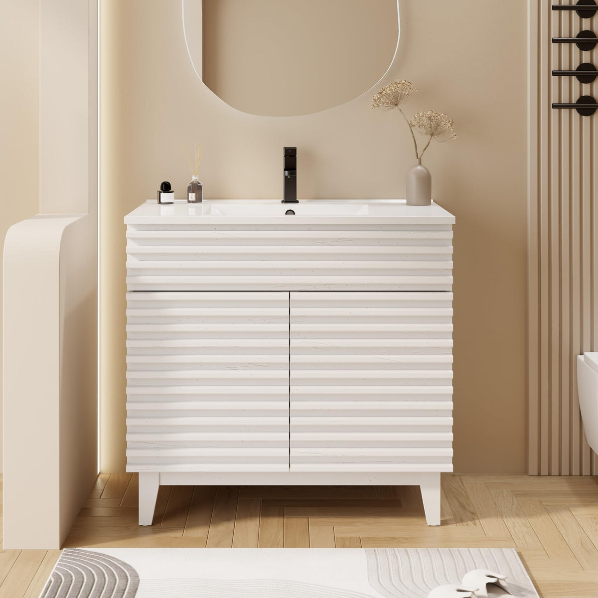 eclife 36" Bathroom Vanity with Sink Combo, Mid-Century Freestanding Cabinet with Wood Stripes Decor, Adjustable Shelf, Undermount White Single Sink Faucet Drain, Mixed White