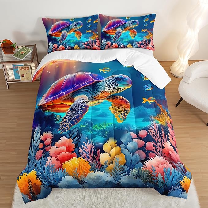 Ocean Bedding Turtle Comforter Set Full Size,Undersea World Bedding Collections for Kids Teens Boys Room Decor,Colorful Coral Aquatic Plants Beach Themed Bedding with 2 Pillowcases.