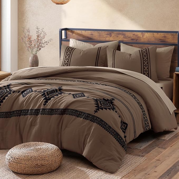 MaiRêve Embroidery Comforter Set, Boho Farmhouse Western Bedding Set, All Season Bed in A Bag Comforter Set with Sheets, Pillowcases & Shams, Brown King 7 Pieces