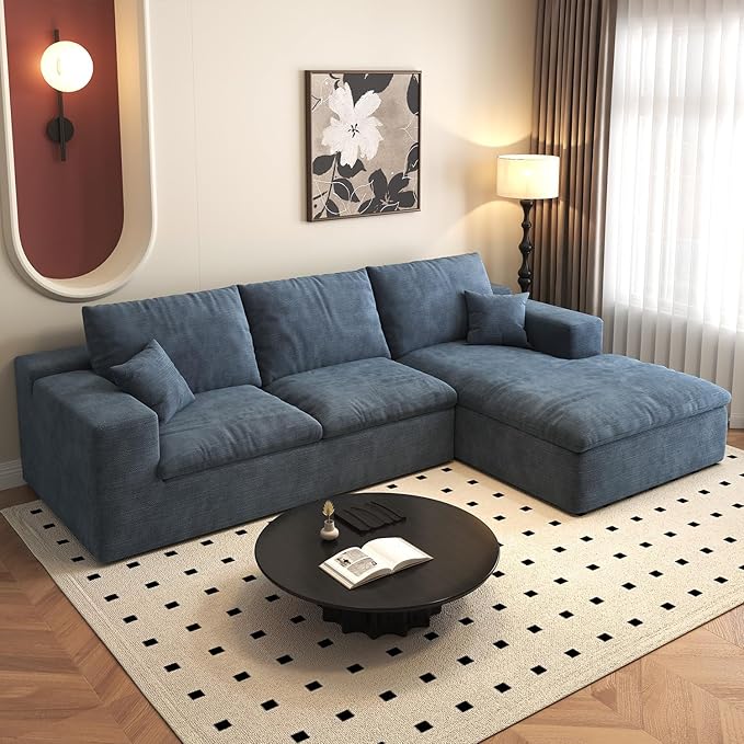 107'' L-Shaped Modern Modular Sectional Cloud Couch, 4-Seat Chenille Deep-Seat Sofa with Pillow for Living Room, Bedroom, Apartment, Ocean Blue