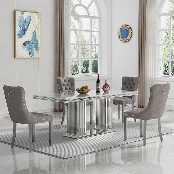 HomVent 68.11'' Faux Marble Dining Table Set for 4, Modern Rectangle Kitchen Table with Stainless Steel Base (Silver Table with 4 Grey Chairs, 5 Pieces)