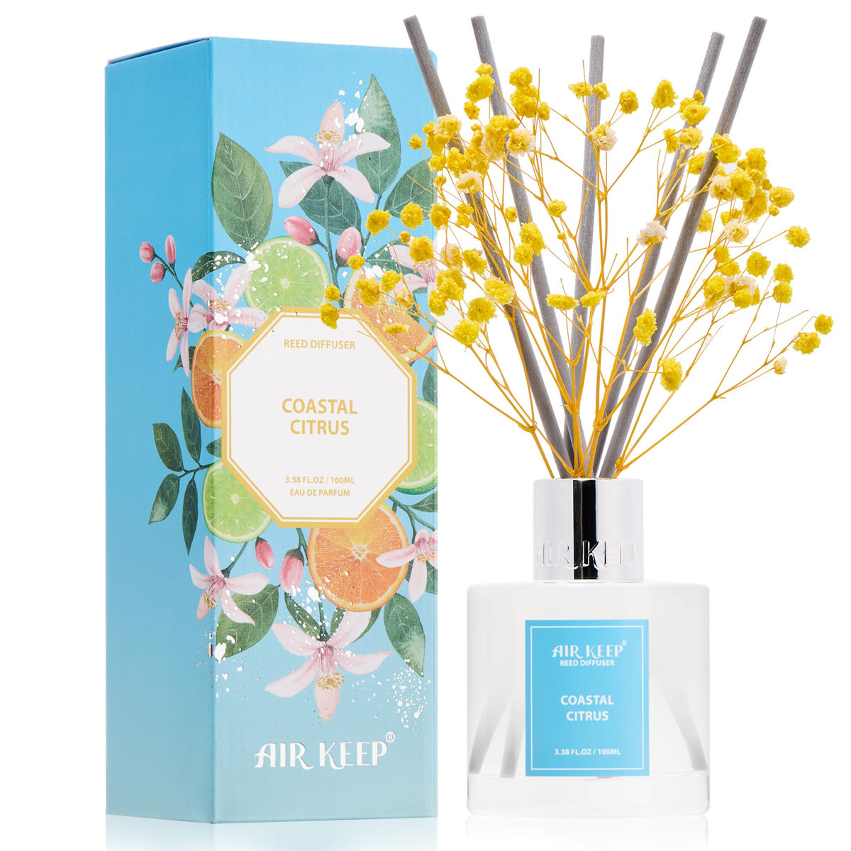 Airkeep Reed Diffuser Set,3.38 fl oz (100 ml) - Coastal Citrus Oil Diffusers with 8 Reed Sticks, Home Fragrance Reed Diffuser for Bathroom Shelf Decor