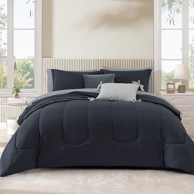 Monbix Full Comforter Set - 7 Pieces Blue Grey Bed in a Bag Full Size Track Stitching Bedding Sets, All Seasons Down Alternative Comforter with Sheets,Pillowcases & Shams