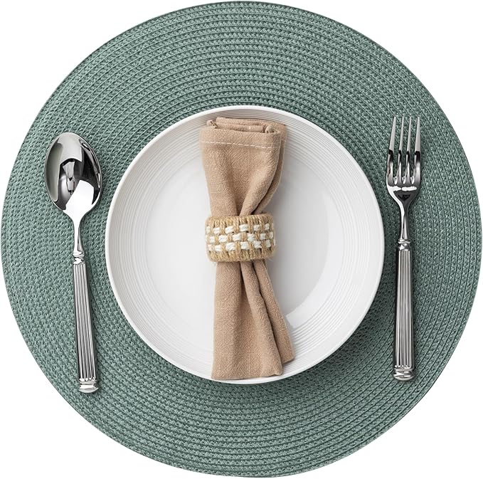 Round Placemats Set of 8 Plastic Woven Placemats Washable Wipeable Table Mats for Dining Table Heat Resistant Non-Slip Circle Place Mats (Dusk Green)
