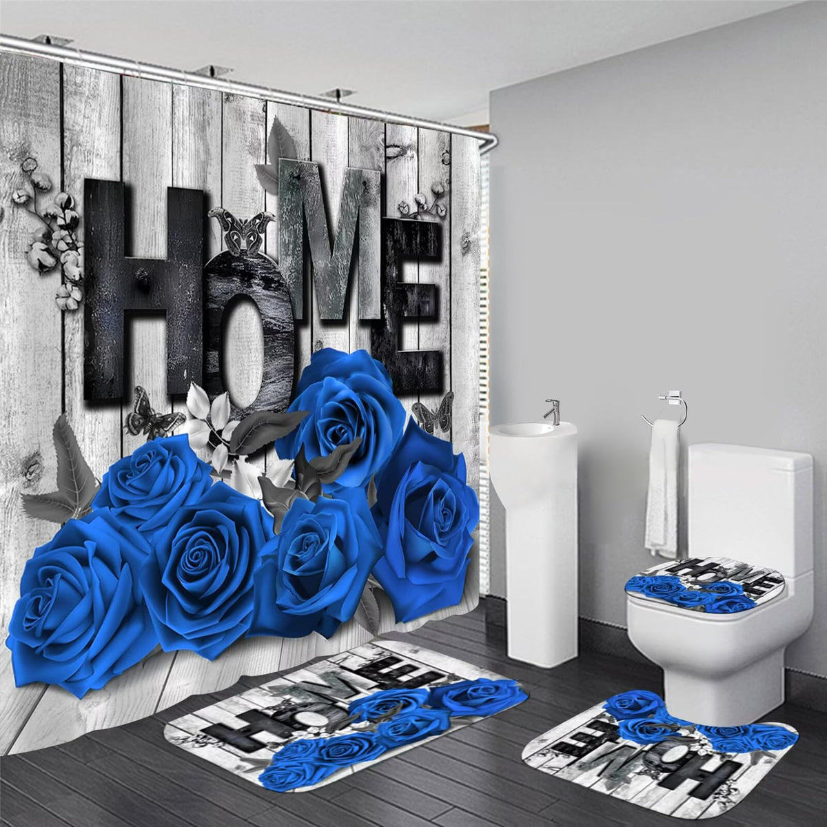Yddsky 4 Pcs Blue Rose Shower Curtain Set with Rugs Bathroom Set